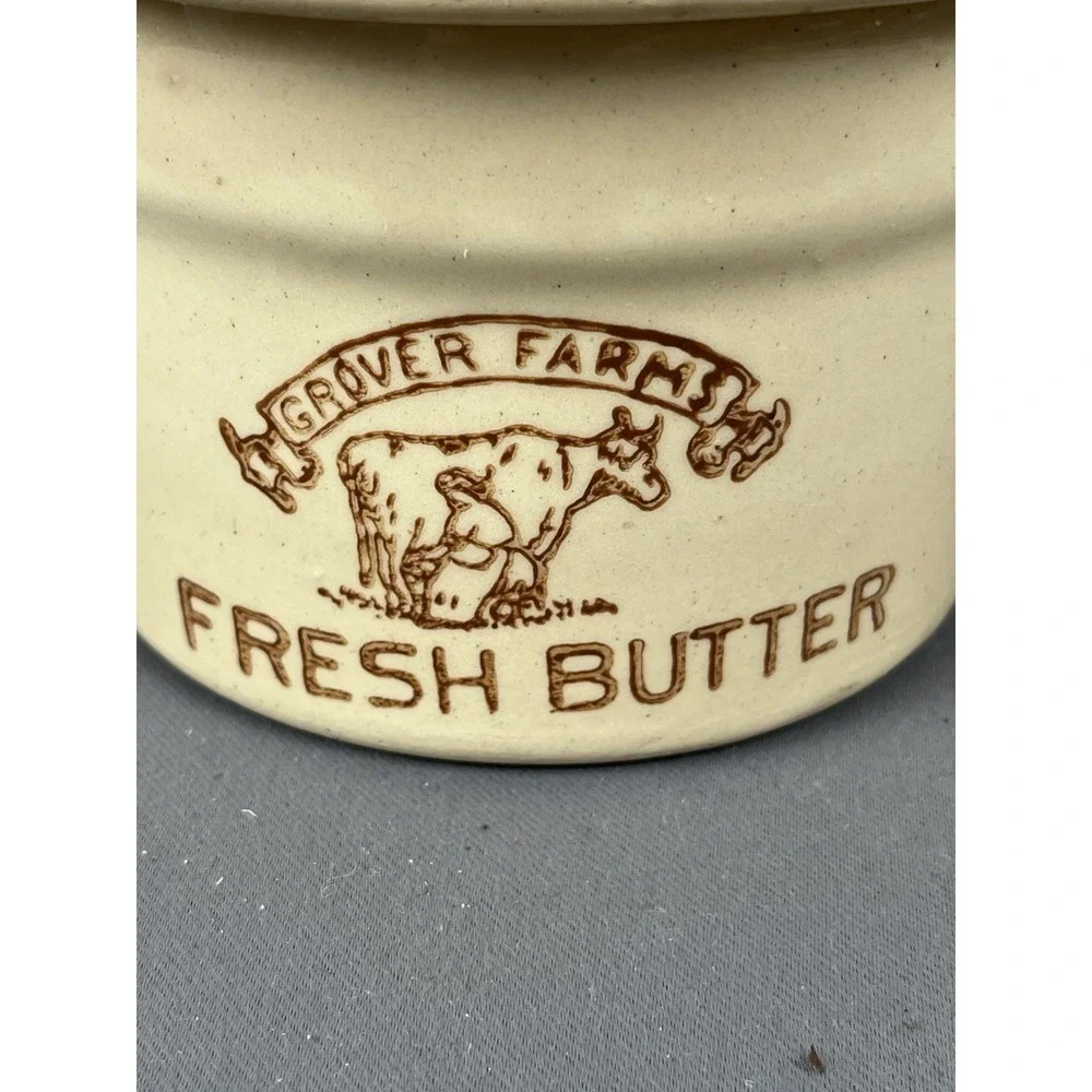 Grover Farms Fresh Butter  Vintage Pottery Crock Yellow Cow Advertising